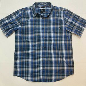 Marmot Shirt Short Sleeve Button Up Casual Hiking Blue Plaid Logo Mens Large